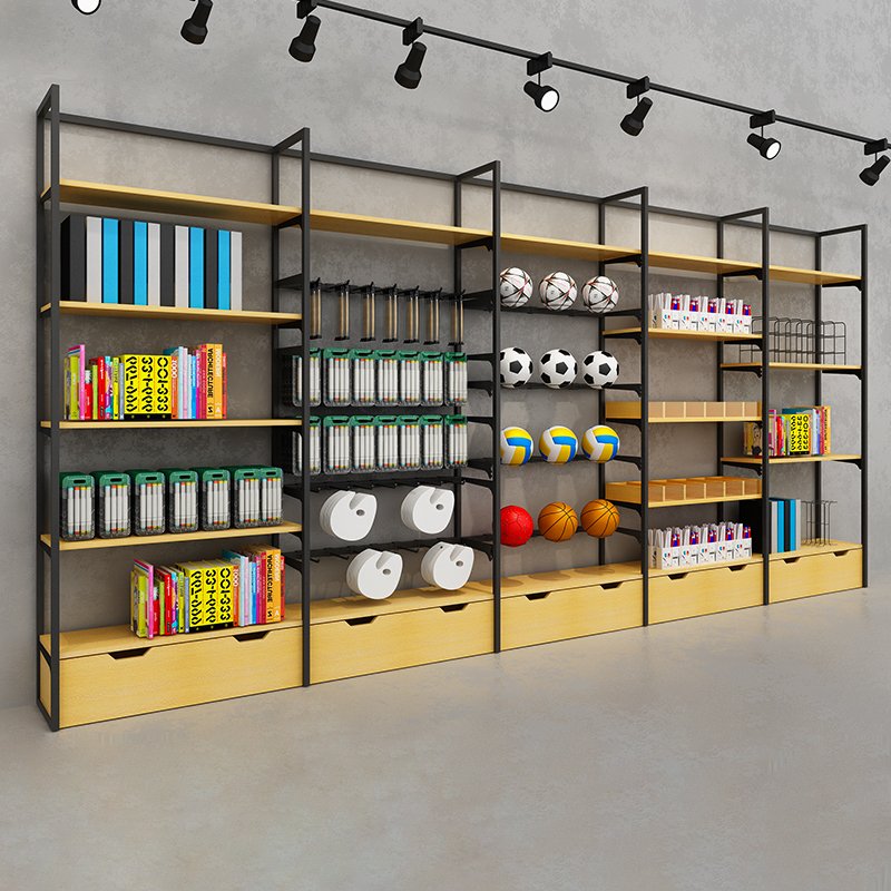 Grocery store general metal and wood shelves