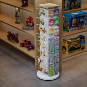 Rotating jewelry display rack for shopping mall boutiques, with wheeled perforated board sunglasses display rack